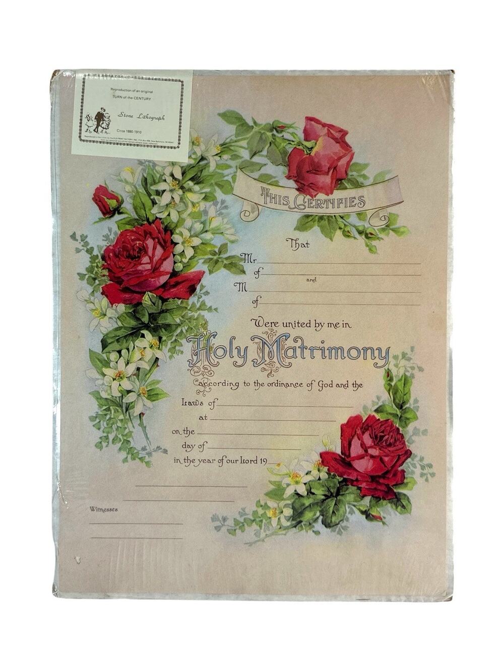Vintage Victorian Marriage Certificate Red Roses Floral Lithograph Reprint 12x16